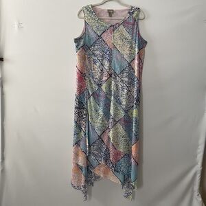 Chico's Sleeveless Asymmetrical Hem Shift Dress Floral Patchwork Pink Sz 1, M